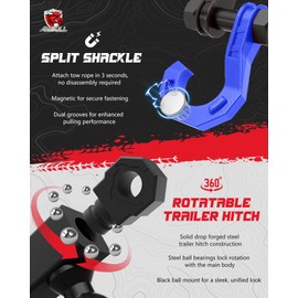 AMBULL Rotatable Split Shackle Trailer Hitch Receiver & 2-Inch Ball Mount, 3/4" Jowl Split Shackle with 2" Towing Ball Mounts, 23T/50706Lbs Break Strength Heavy Duty Towing Recovery Hitch, BlackBlue
