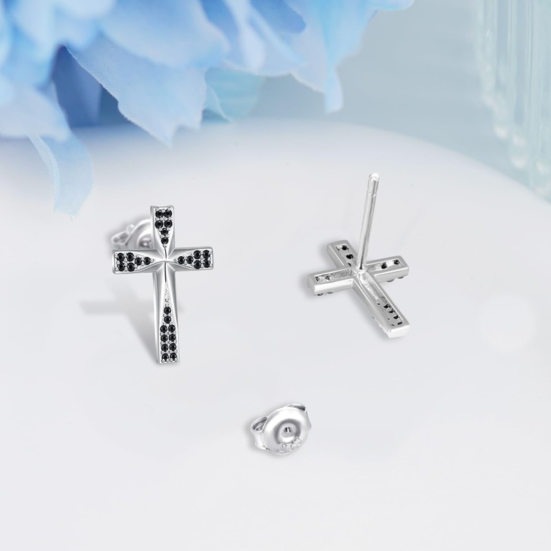 Cross Stud Earrings S925 Sterling Silver Black Cross Earrings Christian