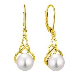 VESHON 18K Yellow Gold Plated Pearl Earrings, 925 Sterling Silver Good Luck Irish Celtic Knot Dangle Earrings, 9MM Freshwater Cultured Pearl Leverback Dangle Earrings Celtic Jewelry Gift for Women