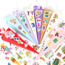 DPKOW School Cone Small Sugar Bag Girls Boys School Cone Filling, First Day of School Gift Boxes with Stickers, Pack of 32 Mini School Cone for Filling, DIY School Cone Craft Set