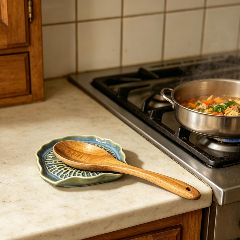 Large Ceramic Double Spoon Rest, Blue Durable Spoon Holder for