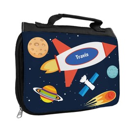 Toiletry Bag with Name Travis and Space Design with Rocket and Planets for Boys Toilet Bag with First Name Wash Bag for Children