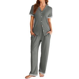 Ekouaer Womens Pajama Sets Short Sleeve Button Up Pjs, Chic Contrast Trim, Long Pants with Pockets,Soft Loungewear Set S-XXL Dark Grey