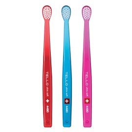 TELLO 4480 Adult or Child Ultra Soft Swiss Toothbrush with Smaller Head for Gentle Cleaning with Ergonomic Handle, 3 Count