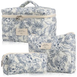 POWZOO Set of 3 Women's Cosmetic Bags Toiletry Bag with Floral Pattern, Toiletry Bag, Make Up Bag, Portable Makeup Bag, Wash Bag, Large Women Girls for Everyday Use and Travel, Blue/White, Modern
