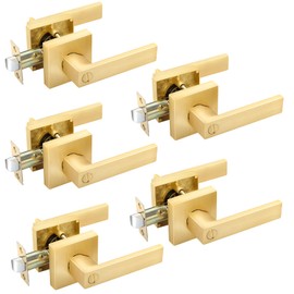 EHOMEWARE 5 Pack Interior Door Handles Brass Door Levers for Bedroom Bathroom, Satin Brass Door Lever Set with Square Rosette, Modern Door Lockset Leverset