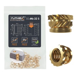 ruthex #6-32 Short Threaded Insert Inch (UNC) - Pack of 50 RX-6-32 x 3.8 Threaded Bushings Made of Brass - Sturdy Insert Nut - Can be Used by Heat in 3D Printing Plastic Parts