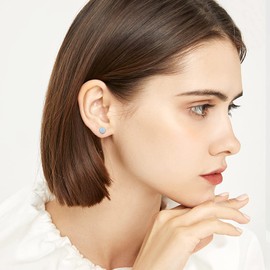 Blue Opal Stud Earrings 925 Sterling Silver Round Stud Earrings Opal Hypoallergenic Opal Earrings for Women Girls, Sterling Silver, Cubic Zirconia