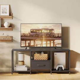 JARHETUN TV Stand with Fabric Drawer for 55 Inch TV, Entertainment Center with Open Shelves, Media TV Console Table for Living Room, Bedroom, Black