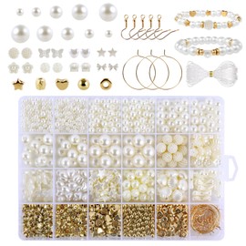 ZWQLZG Pearl Beads Bracelet Making Kit, 1120 Pcs White Beads and Gold Beads for Bracelet Making, DIY Bead Bracelet Making Kit with 5 Different Sizes of Plastic Pearl Beads