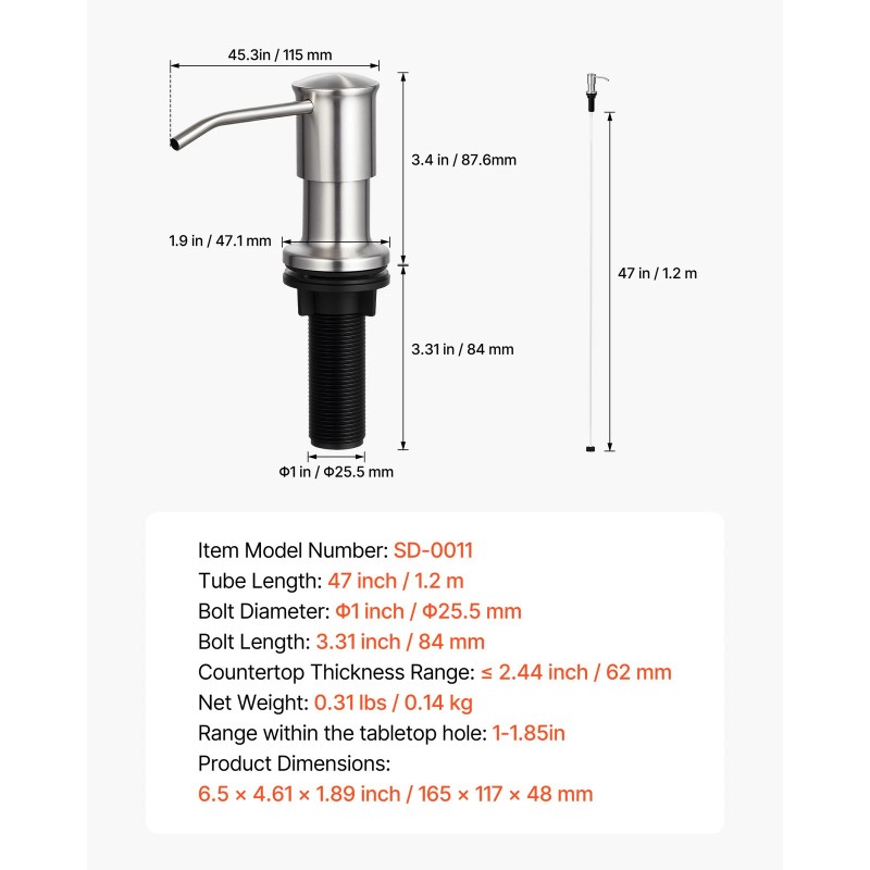 VEVOR Built in Soap Dispenser for Kitchen Sink Stainless Steel