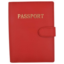 Leather Passport Holder Cover Wallet Card Case Travel Document Organizer Snap Closure (Red)