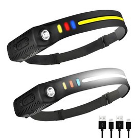 2 Pack Recharge Headlamp, Waterproof LED light,Motion Sensor Rechargeable 230°Wide Head Lamp, Headlight for Outdoor Fishing,Hiking,Camping,Cycling - Color: 2 Pack Headlight (Red, Yellow And Blue Light)