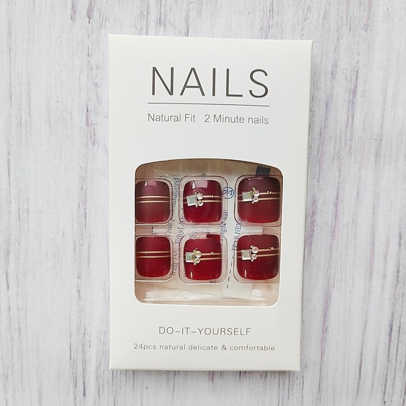24Pcs Wine Red Press on Toenails for Women Summer Short