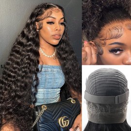 kloiynj Hidden Strap 360 Deep Wave Lace Front Wigs Human Hair 220% Density 360 Glueless Wigs Human Hair with Drawstring 360 Deep Wave Curly HD Full Lace Front Wigs Human Hair Pre Plucked 26 inch