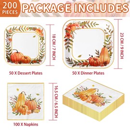 Grencian 200Pcs Fall Plates and Napkins Thanksgiving Plates Pumpkin Flower Wreath Plate Disposable Pumpkin Tableware Fall Party Supplies for Autumn Harvest Thanksgiving Party Decorations, Serves 50