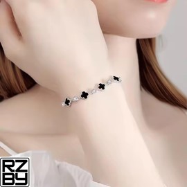 Black Clover Bracelet, 18K Gold Plated, AAA Cubic Zirconia, included Gift Pouch (White Gold)