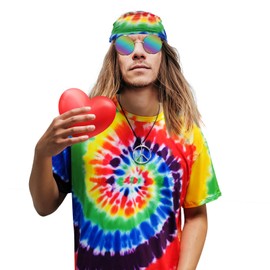 XonyiCos Hippie Costume for Men Women 60s 70s Colorful T-Shirt Sunglasses Headband Peace Chain 4pcs Set for Theme Party 3XL
