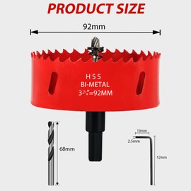 KACNON Hole Saw 92 mm, Universal High-Speed Steel HSS M42 Bi-Metal Hole Saws with Hex Shank and Drill, Complete Sizes, for Wood, Plastic, Plasterboard, Sheet Metal, Red