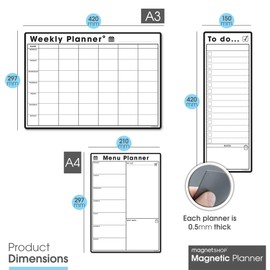 TMS Magnetic Meal Planner Bundle | Whiteboard Planner Set (5 Pack) | A4 and A3 Weekly Planner with 4 Dry Wipe Pens and Eraser