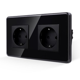 JIMEIDA Double Socket Black, 2.5D Curved Glass Plate 16 Amp Schuko Sockets Flush-Mounted Protective Contact Wall Socket 157 x 86 mm, 250 V
