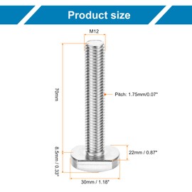 sourcing map T Slot Drop-in Bolt, M12 x 70mm T-Slot Bolts 304 Stainless Steel t Shape Stud Sliding Screw Hammer Head T-Bolt for Track Aluminum Alloy Rack Assembly