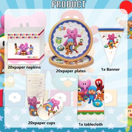 62 Pieces Children's Birthday Party Tableware Set, Boys and Girls Party Decoration Supplies, Animated Party Tableware Includes Plates, Cloths, Cups, Tablecloths, Banner, Suitable for 20 People