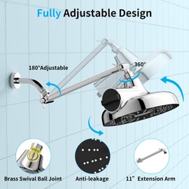 Filtered Shower Head with Extension Arm - EMBATHER 8 Inch High Output Showrhead with 3 Spray Settings, 18 Stage Filter for Hard Water, 11" Adjustable Arm, Brass Swivel Ball Jiont, Chrome
