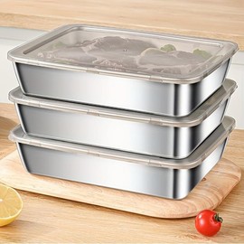 Stainless Steel Storage Container Set with Lid, Stackable Refrigerator Freezer Kitchen Tray with Lid, Oven Tray, Freezer, Refrigerator, Freezer and Pantry Utensil Tray - Color: MJP-2PCS