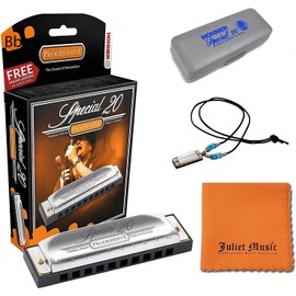 Hohner Harmonica Special 20 Key Bb Progressive Series 560PBXBb 10 Holes, Bundle with Hard Case, Mini Harmonica Necklace Juliet Music Polishing Cloth