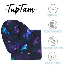 TupTam Girls' Children's Beanie Hat Tube Scarf Set of 2 Autumn Winter Lined Hat Transition Hat with Loop, Jersey two-ply - unicorn purple dark blue