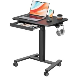 JYLH JOYSEEKER Mobile Standing Desk with Drawer, 28" Rolling Desk with Cup Holder and Hooks, Portable Laptop Workstation on Wheels, Height Adjustable Cart with Storage for Home Office, Black