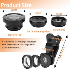 fKiZanthene 3-in-1 Macro Lens for Phone, Universal Fisheye Lens & Macro Lens, Compatible with Alomst Any Smartphones, Easy Clip-On Installation Includes A Small Storage Bag (Black)