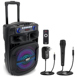 Pyle Portable Bluetooth PA Speaker System - 800W 12 Inch Outdoor Speaker with Built-In Party Lights - USB/SD Card Reader, FM Radio, Extendable Handle w/ Wheels - Includes Wired Microphone & Remote