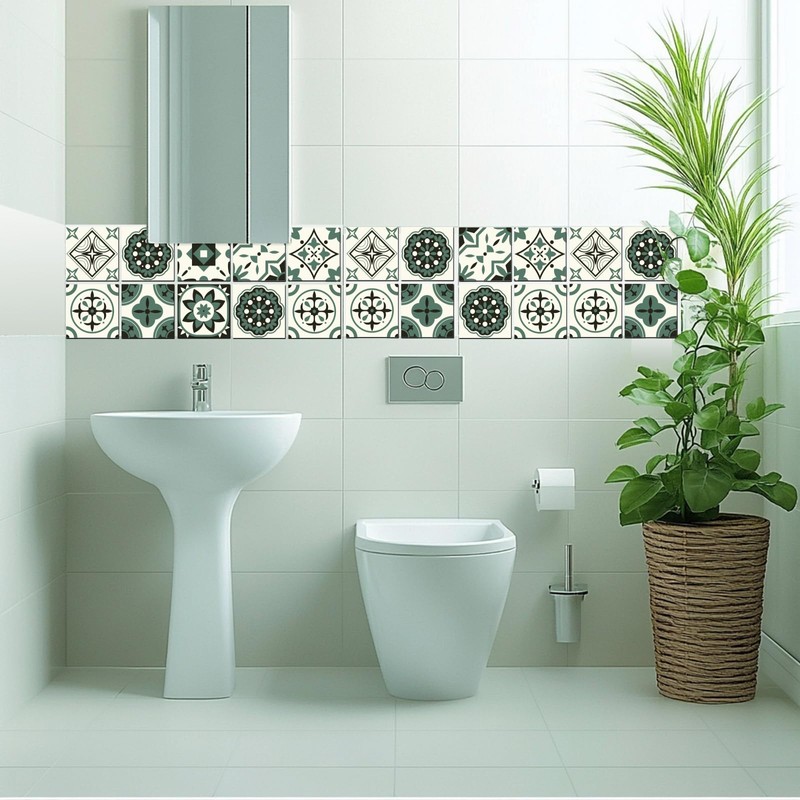 CHGCRAFT 36pcs 9 Styles Moss Green Pattern Tile Stickers Waterproof