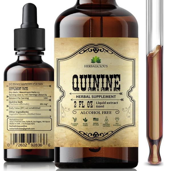 HERBALICIOUS Quinine Liquid Extract 2oz - Cinchona Officinalis Bark Herbal Supplement for Leg Cramping Relief, Cramp Defense and Overall Digestive Health - All-Natural Quinine, Boosting Immune System