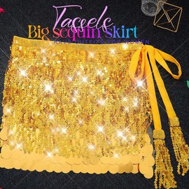 Aukmla Gold Sequin Fringe Skirt Sparkly Belly Dance Mermaid Costume Skirts (US, Alpha, One Size, Regular, Regular, Gold)