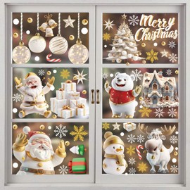 9 Sheets Xmas Window Stickers Decoration,Double Sides Santa Claus Reindeer Snowflakes for Windows Xmas Party Decor,Cling Xmas Window Decal White Stereo Static Sticker Decoratio
