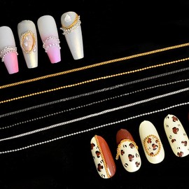 JERCLITY 1 Box 6 Strips Nail Chains for Nail Art Gold Silver Black Alloy Metal Nail Art Chains Gold Nail Charms Punk Nail Studs Silver Caviar Beads Chain Jewelry Accessories for Women Nail Art