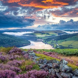 Abacus Cards Male/Female General Greeting Card - Ladybower Reservoir, Peak District National Park - Suitable for Birthday - The BBC Countryfile Range, Green Blue Orange Grey White, 160 x 160mm