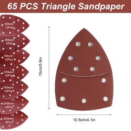 Pack of 65 Sandpaper Triangle Sandpaper Sanding Sheets, 11 Hole Velcro Sanding Pads for Bosch, Mouse Sandpapers for Triangle Sanders, 40 60 80 120 180 240 320 Grit