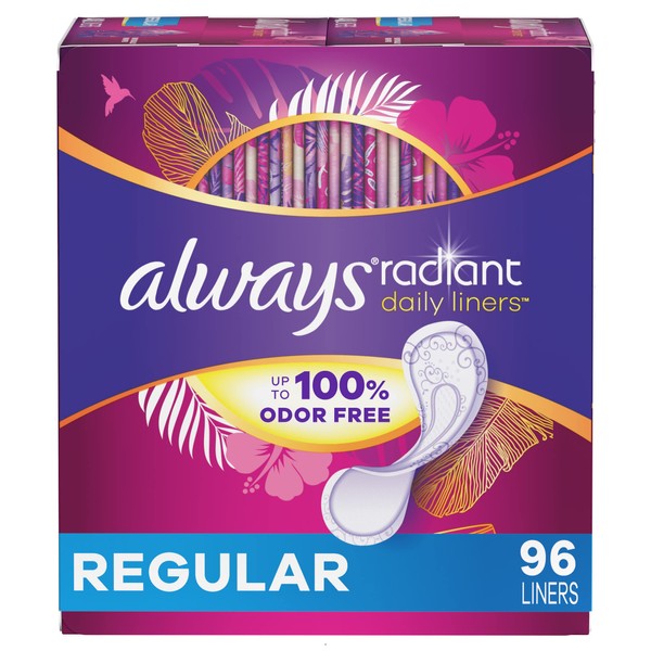 Always Radiant Daily Feminine Panty Liners For Women, Regular Absorbency, Unscented, 96 Count(Pack of 1)