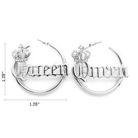 SASSY, SEXY, BOSS, MOB, QUEEN Word Statement Bamboo Style 3.0" Pincatch Hoop Earring in Gold Tone (Queen/Silver Plain Style)