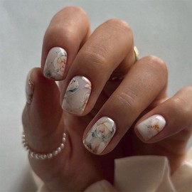 24 Pcs Flower Press on Nails Short Square Shaped Fake Nails with White Florals Design Golden Glitter False Nails Glossy Acrylic Nails Full Cover Stick on Nails for Women Nails Manicure Decorations