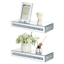 Sumnacon Mounted Floating Shelves 2 Pcs Crushed Diamond Display Shelves for Wall Stylish Floating Wall Shelf for Plants Mirrored Glass Floating Shelf for Living Room,Bathroom Decor