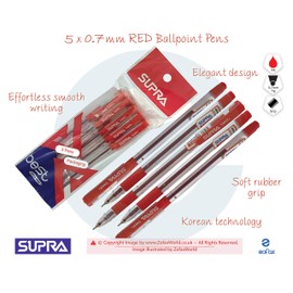 SUPRA Best Ballpoint Pens Soft Rubber Grip Smooth Writing Office School Home Value Pack (5 x 0.7mm Fine RED Ball Pens + 1 x ZOFAX Ball BLACK Pen)