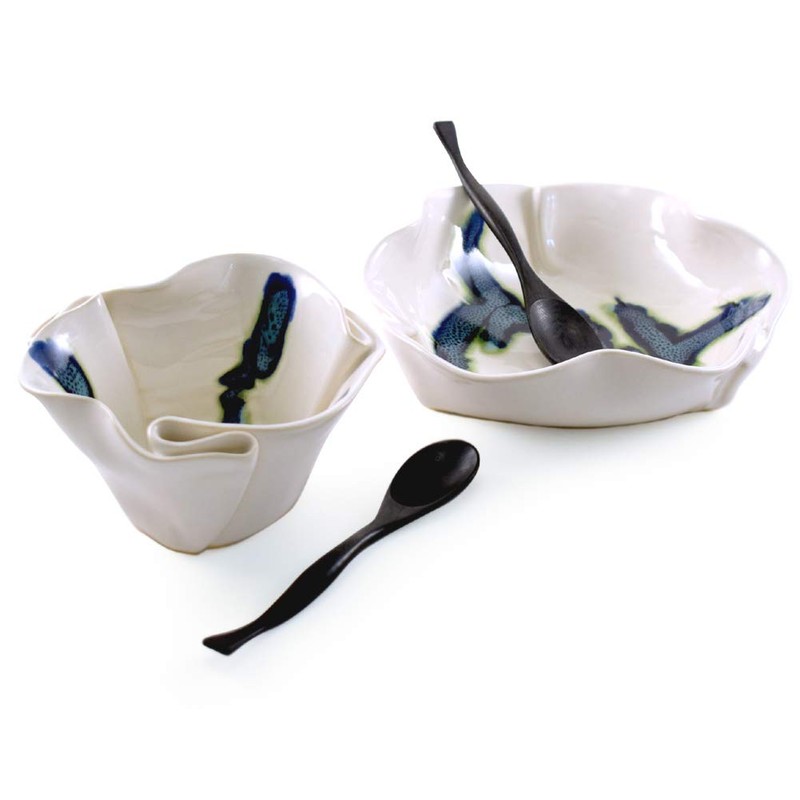Aurora Collection Salad and Soup Bowl Set in Blue/White, Handmade