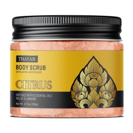 Thayan Himalayan Salt Scrub – Exfoliating Face, Foot & Body Scrub with Jojoba, Grapeseed & Essential Oils – Deep Cleansing, Collagen-Boosting, Cellulite Treatment & Skin Toning - Citrus