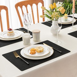 Romanstile Vinyl Placemats Set of 6-12 X 17 Inch - Heat Resistant Place Mats 100% Waterproof Oilproof Wipeable Reversible Faux Leather Table Mats for Kitchen, Dining, Party, Outdoor, Black