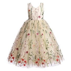 IDOPIP Embroidery Flower Girl Lace Dress for Kids Wedding Bridesmaid Party First Communion Dresses Little Princess Pageant Formal Dance Maxi Gown Graduation Prom Homecoming Dresses Apricot 5-6 Years